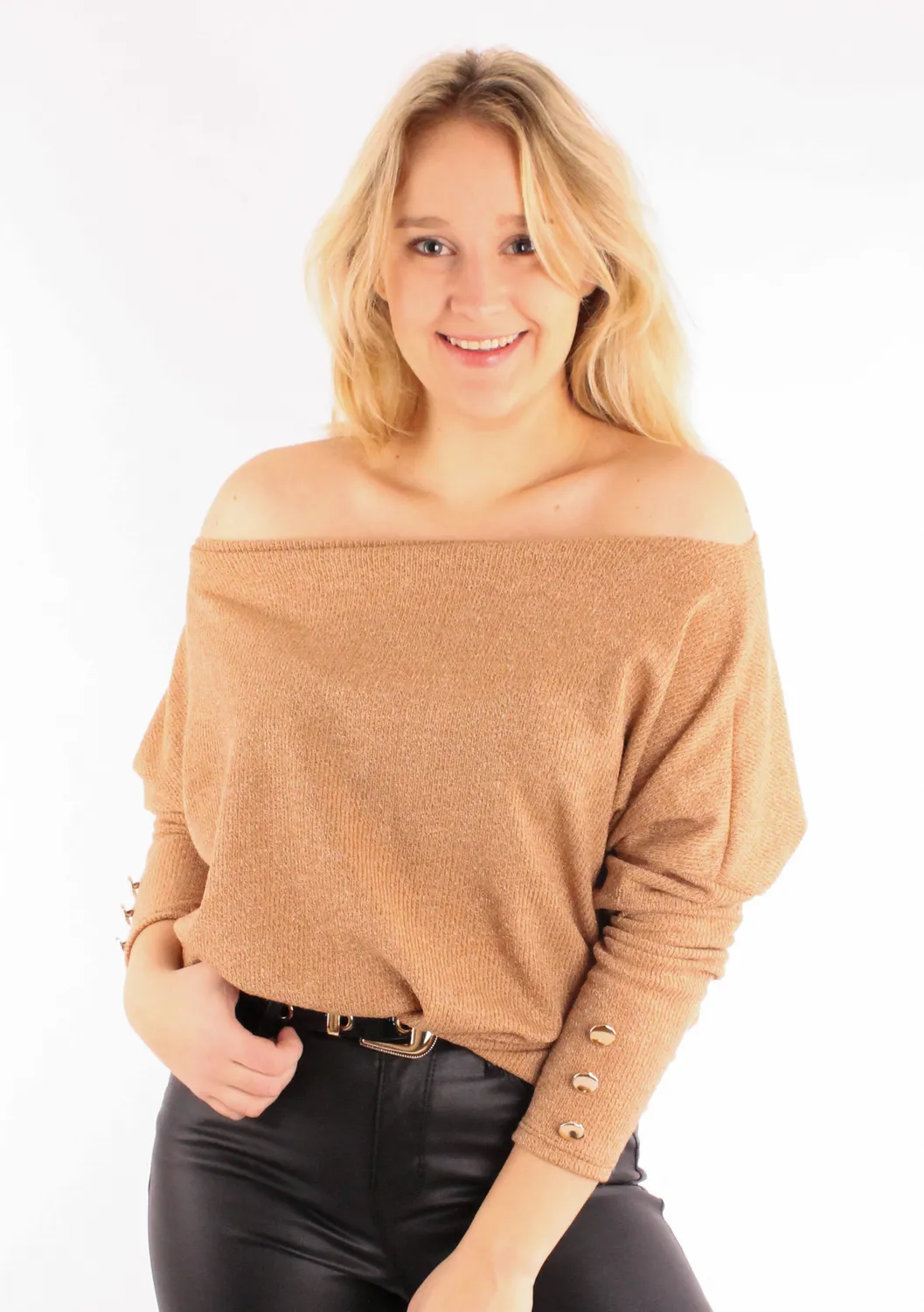 Lovedrunky Off-Shoulder trui camel zachte brei