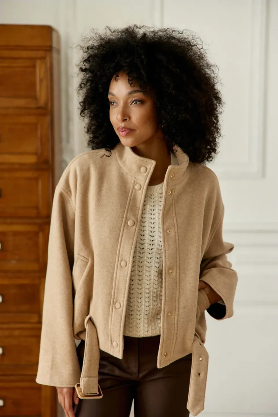 La Petite Etoile Naela ballonmantel beige met ruitkraag