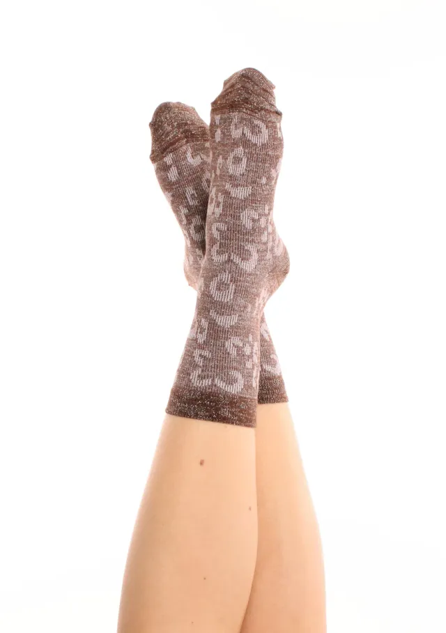 Pinned By K Leopard Glitter sokken bruin one size