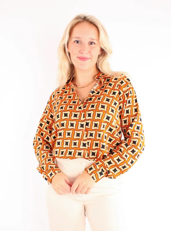 LOVEDRUNKY Blouse Retro blouse oranje retroprint