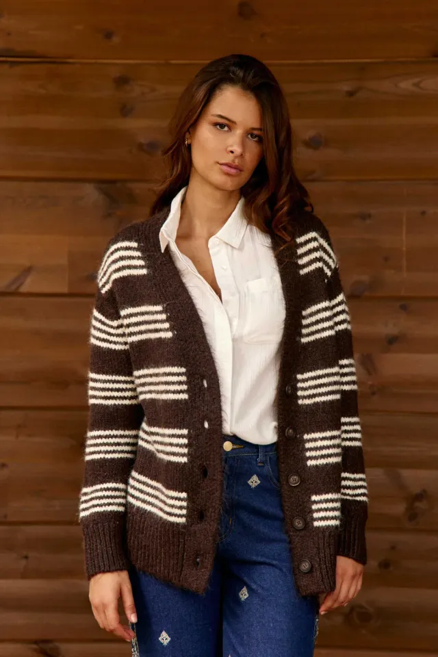 La Petite Etoile Merel vest bruin ecru gestreept