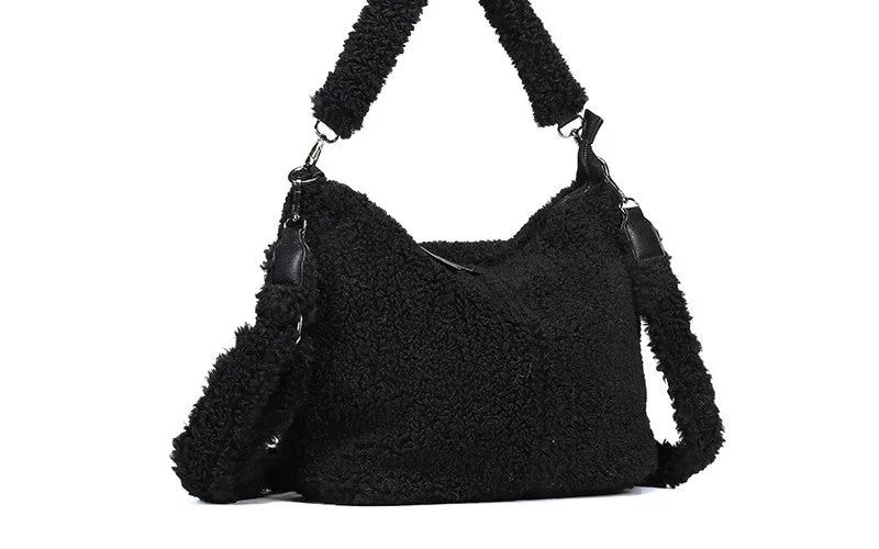Amiek Palma schoudertas teddy zwart 35 cm vegan