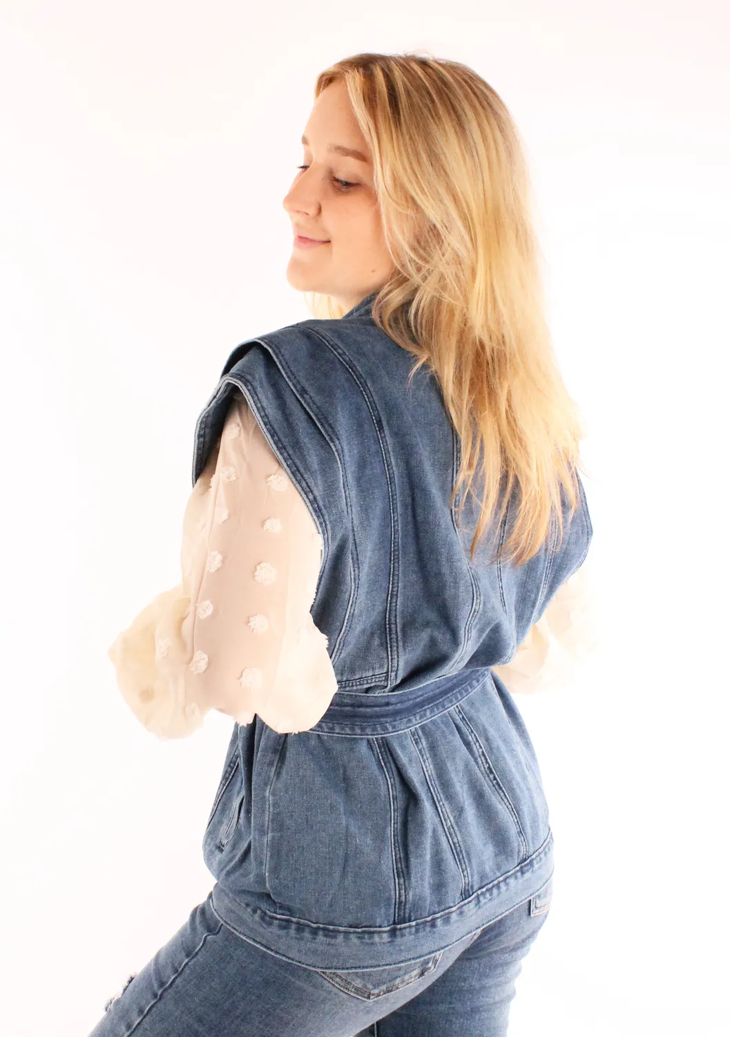 LOVEDRUNKY Biker gilet Denim blauw met ceintuur