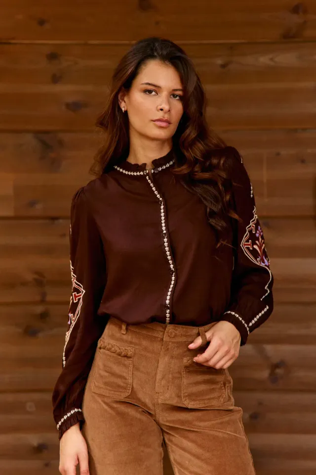 La Petite Etoile Bina blouse bruin volants borduursel