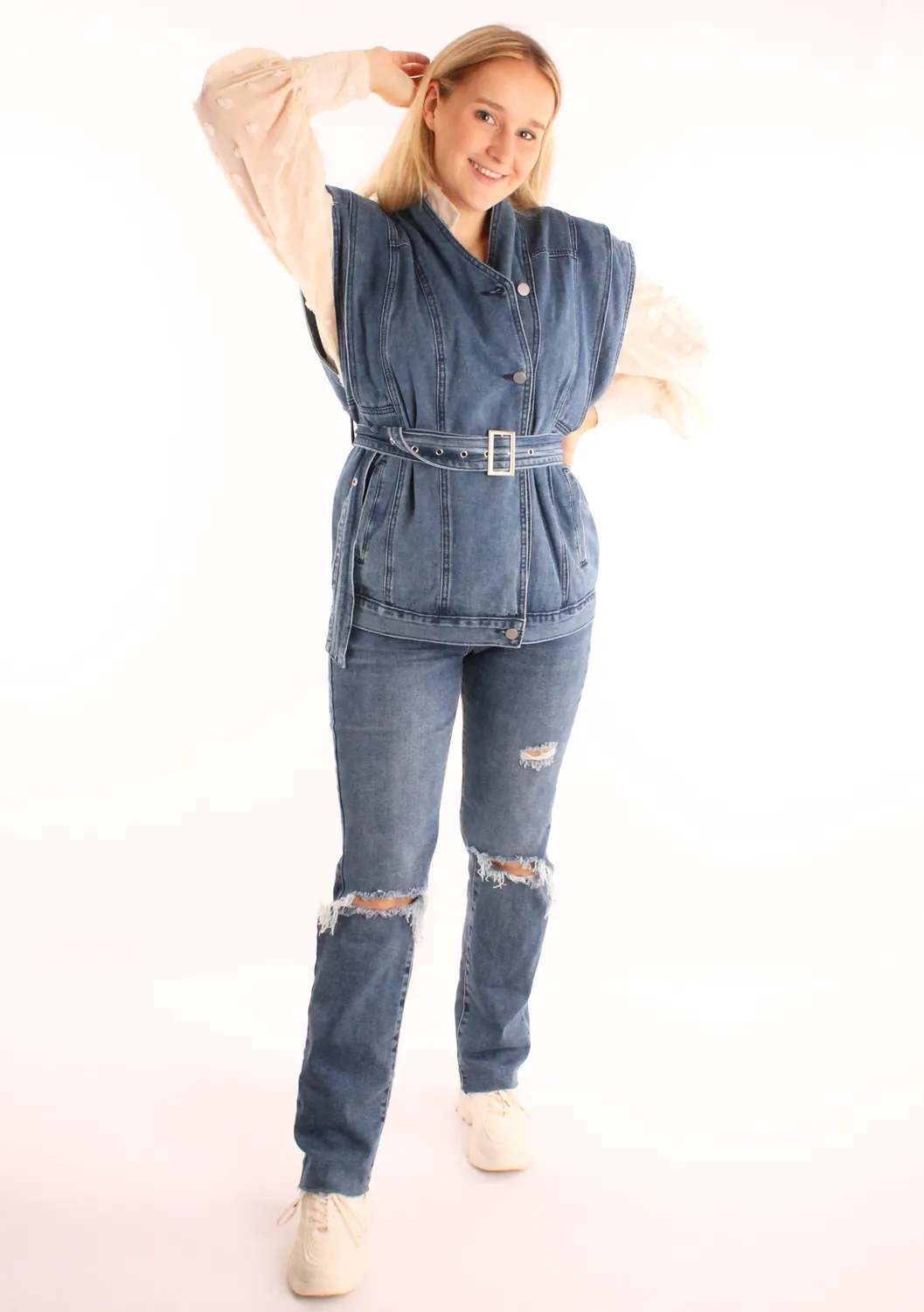LOVEDRUNKY Biker gilet Denim blauw met ceintuur