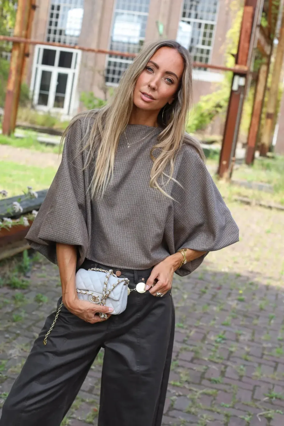 Amiek Ceder Checked top beige melange ruit