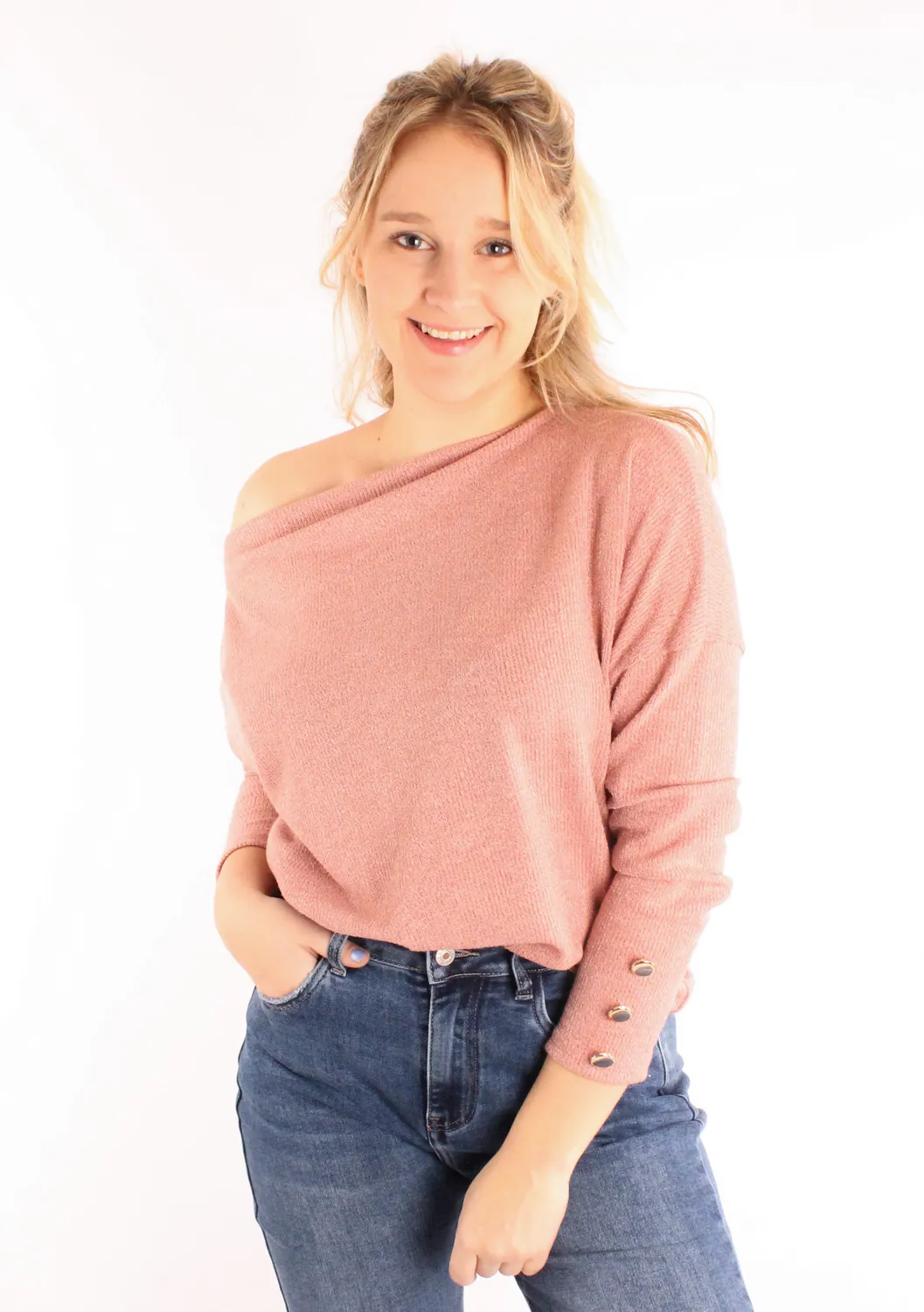 Lovedrunky Off-Shoulder trui oudroze goudknopen