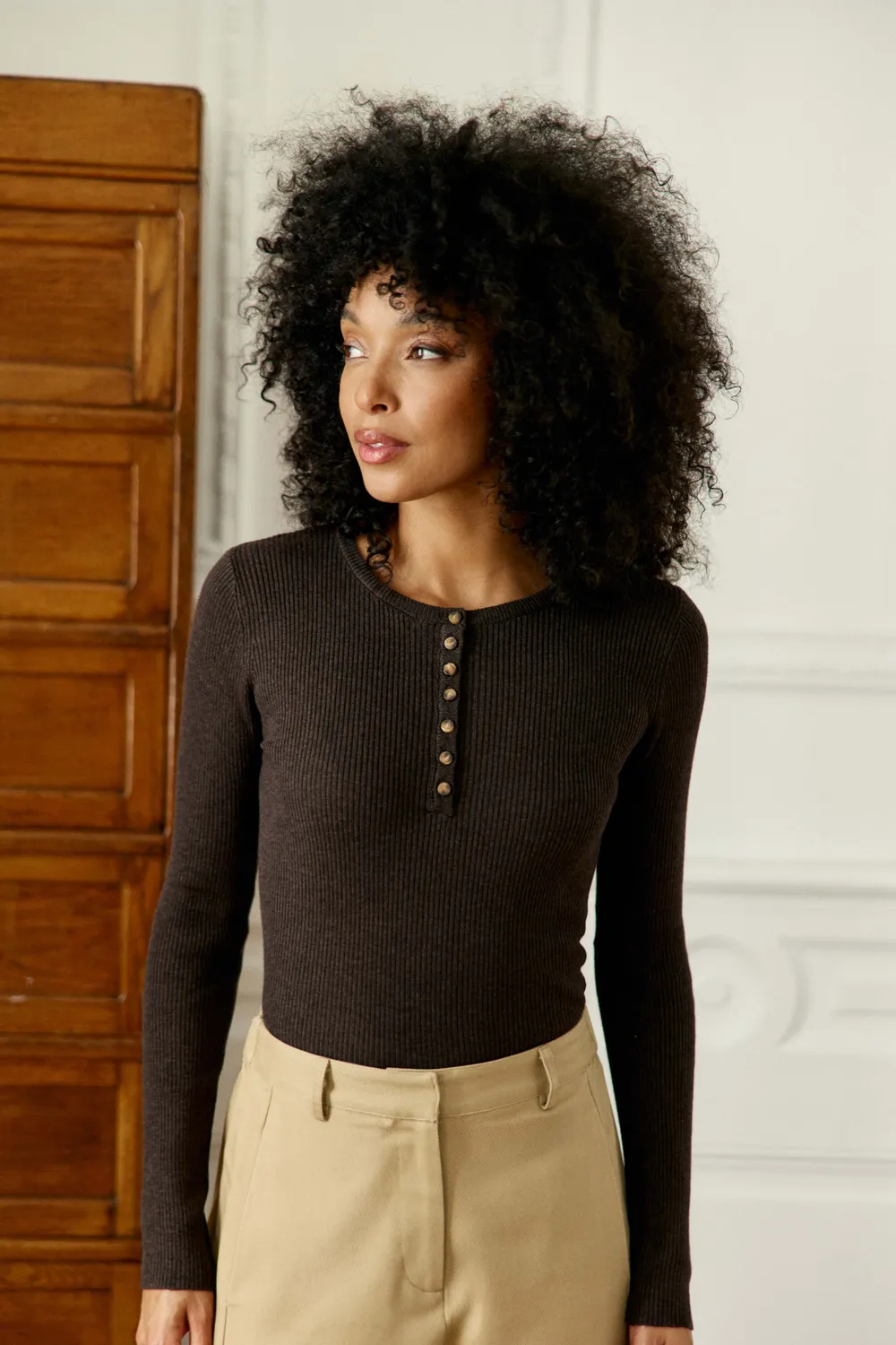 La Petite Etoile Malice trui bruin rib poloknopen