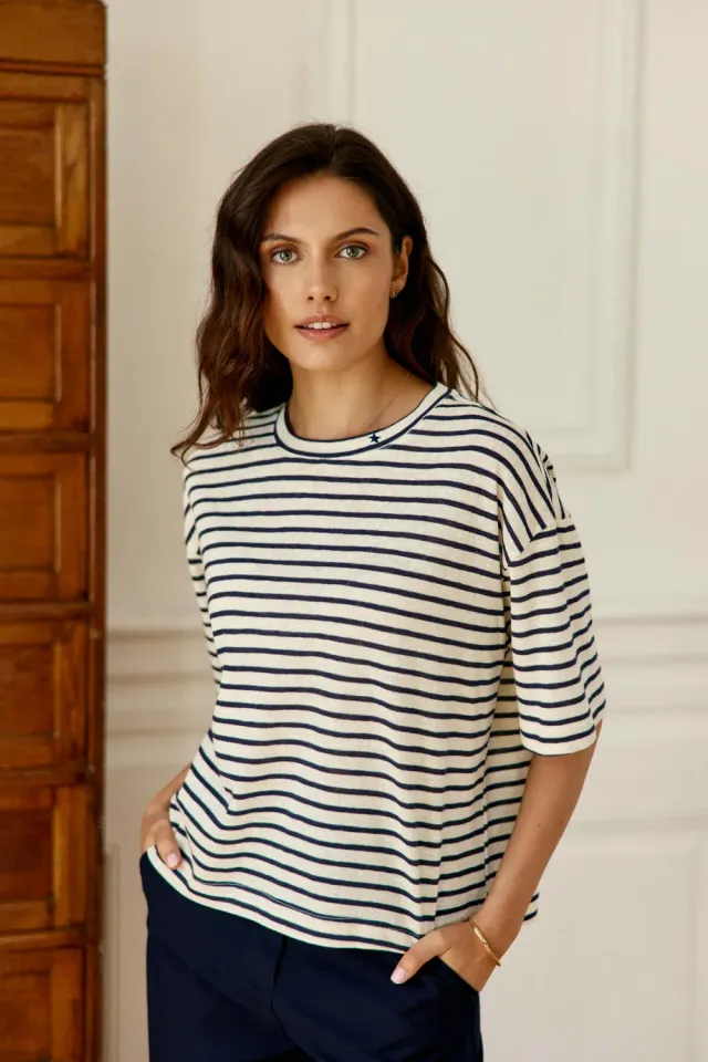 La Petite Etoile Tais oversize T-shirt ecru marine streep