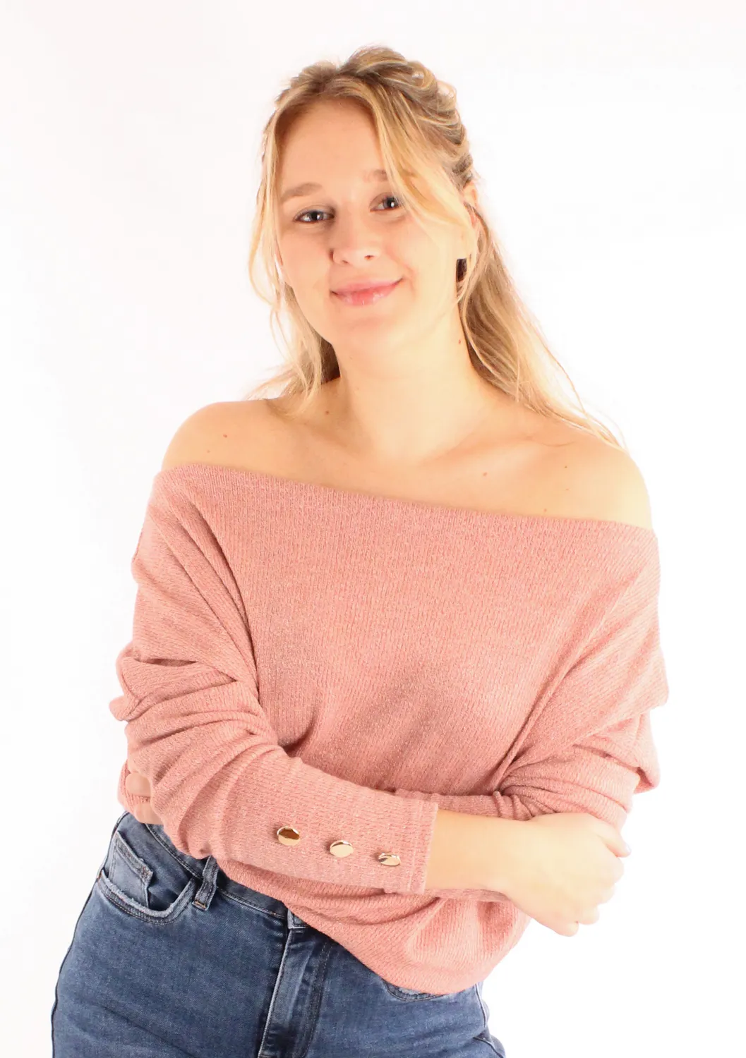 Lovedrunky Off-Shoulder trui oudroze goudknopen