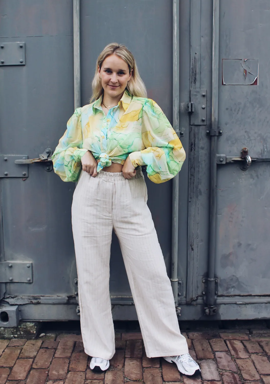 LOVEDRUNKY Linnen Gestreept broek beige wide leg