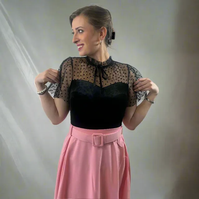 Tatyana Colette blouse zwart fluweel stippen tule