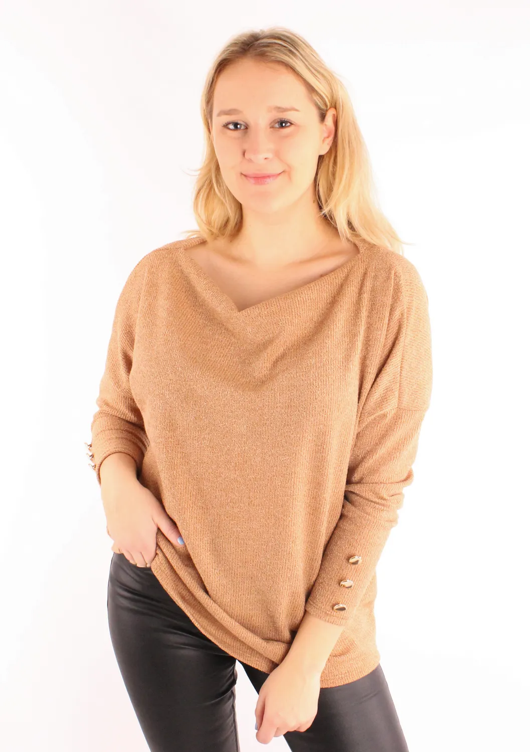 Lovedrunky Off-Shoulder trui camel zachte brei