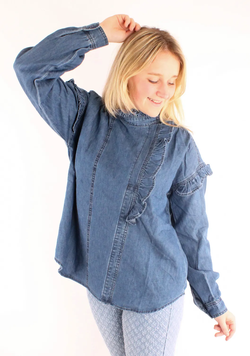 LOVEDRUNKY Spijkerblouse donkerblauw denim met ruches