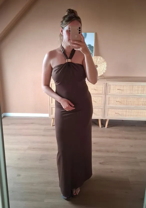 LOVEDRUNKY Maxi Jurk Gesp jurk bruin halter goud