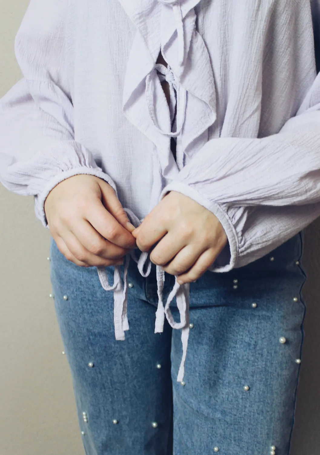 LOVEDRUNKY Ruffle Strikjes blouse lila pofmouw