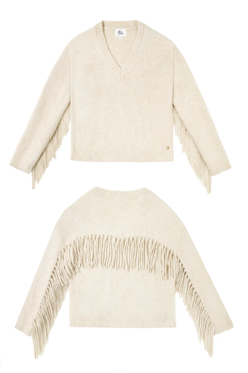 La Petite Etoile Moon trui beige V-hals franjes