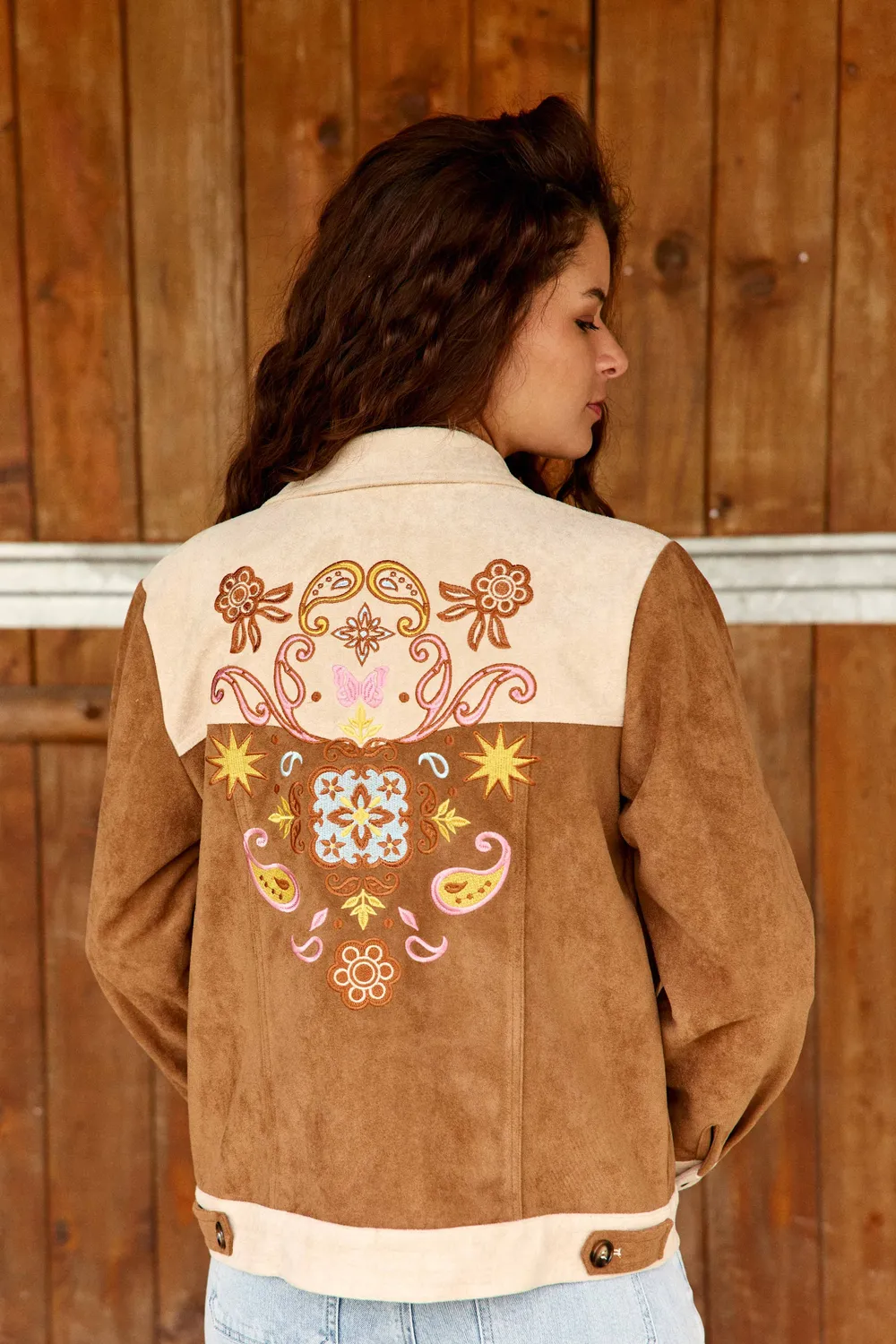 La Petite Etoile Vinao jas suedine camel borduursel