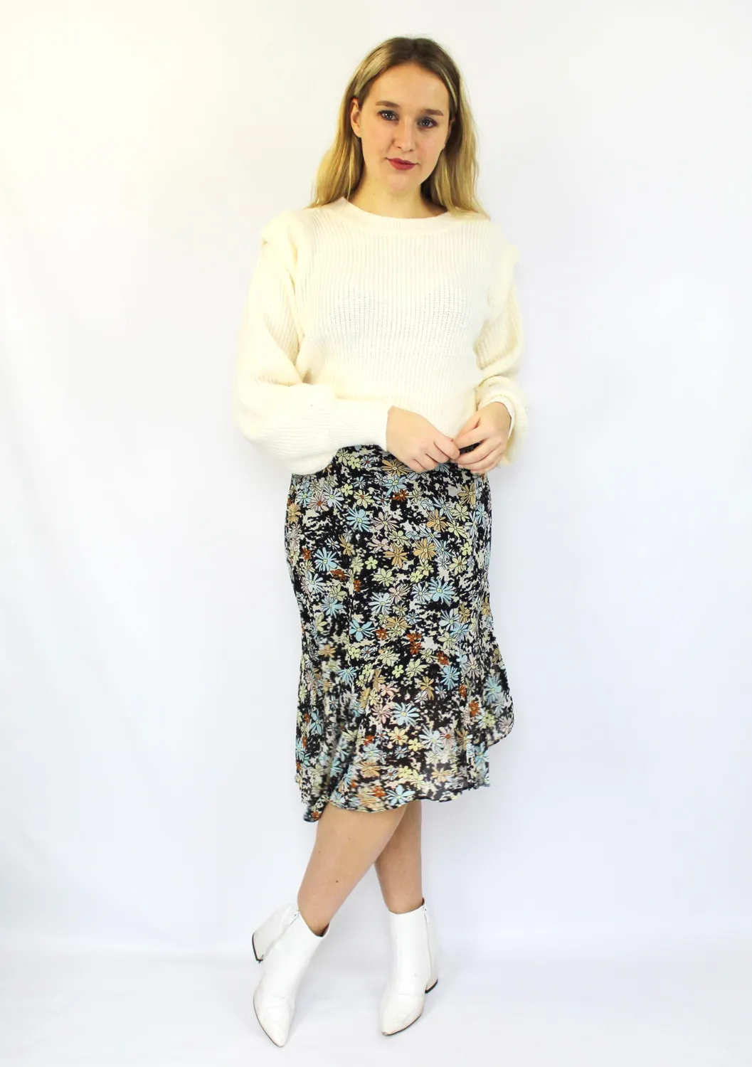 Lovedrunky Flowers midi rok zwart met ruffle