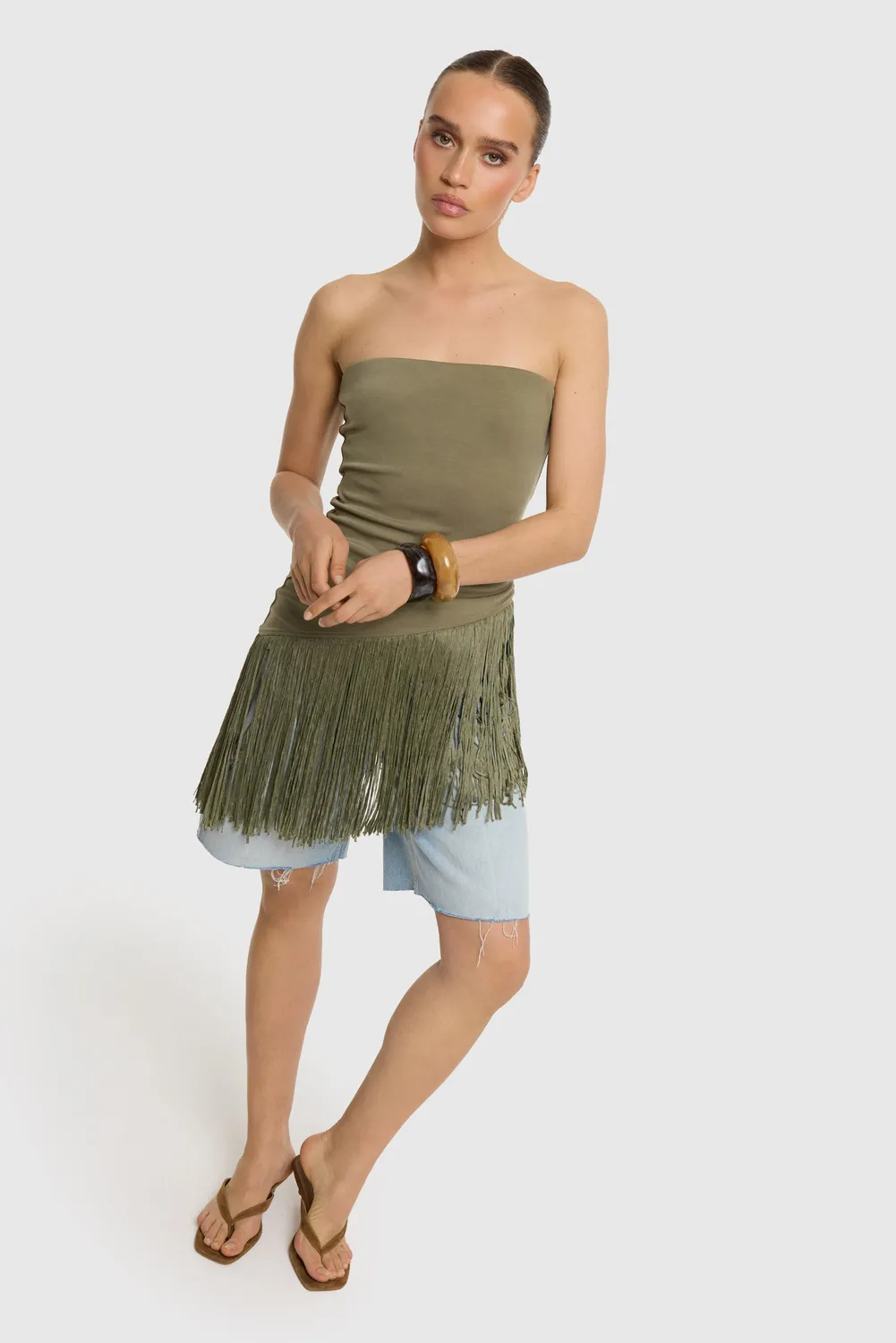 Amiek Top Fie strapless top army groen elastisch