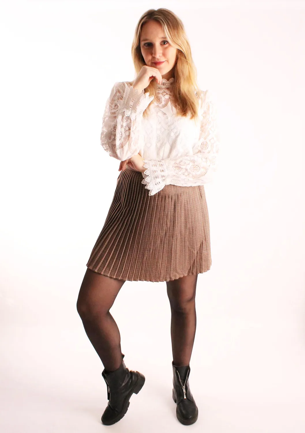 LOVEDRUNKY Rok Plissé Geruit bruin vintage