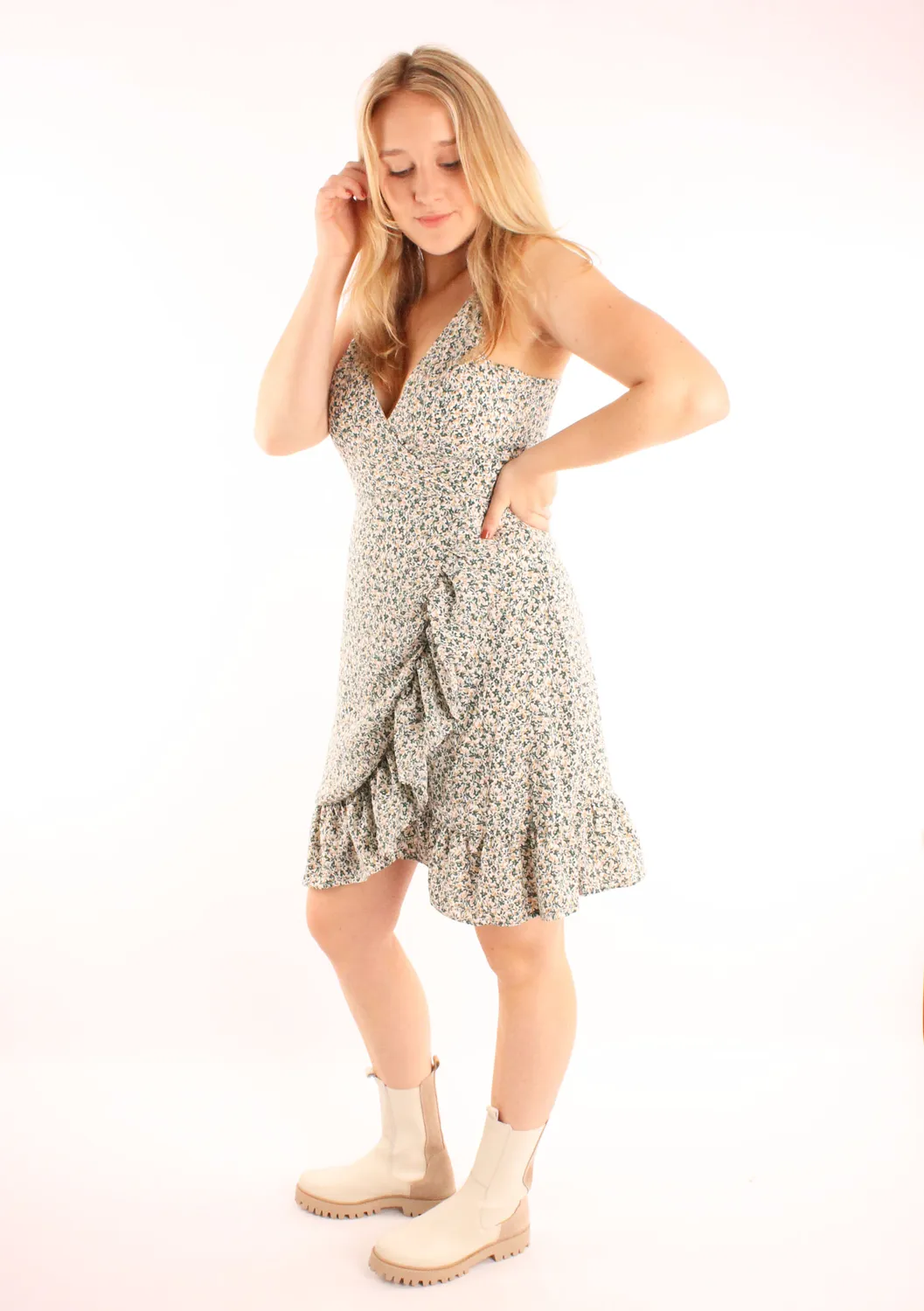 Lovedrunky Bloemen Wikkeljurk Groen Ruffle Bloemenprint