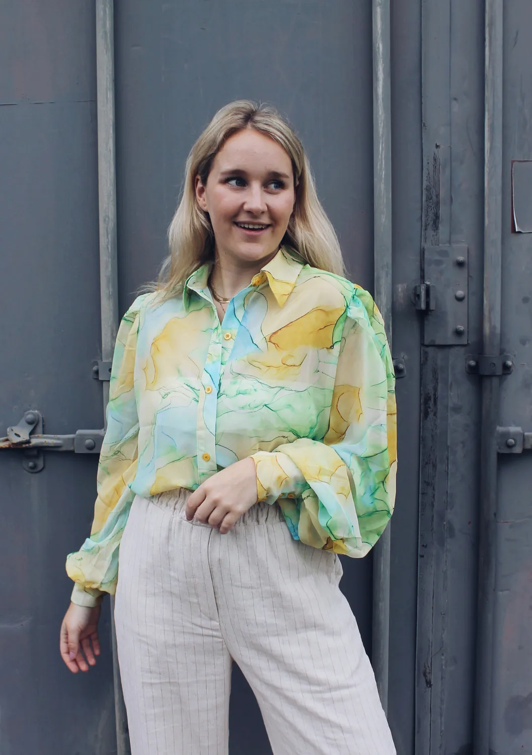 LOVEDRUNKY Wavy Print blouse groen pofmouw