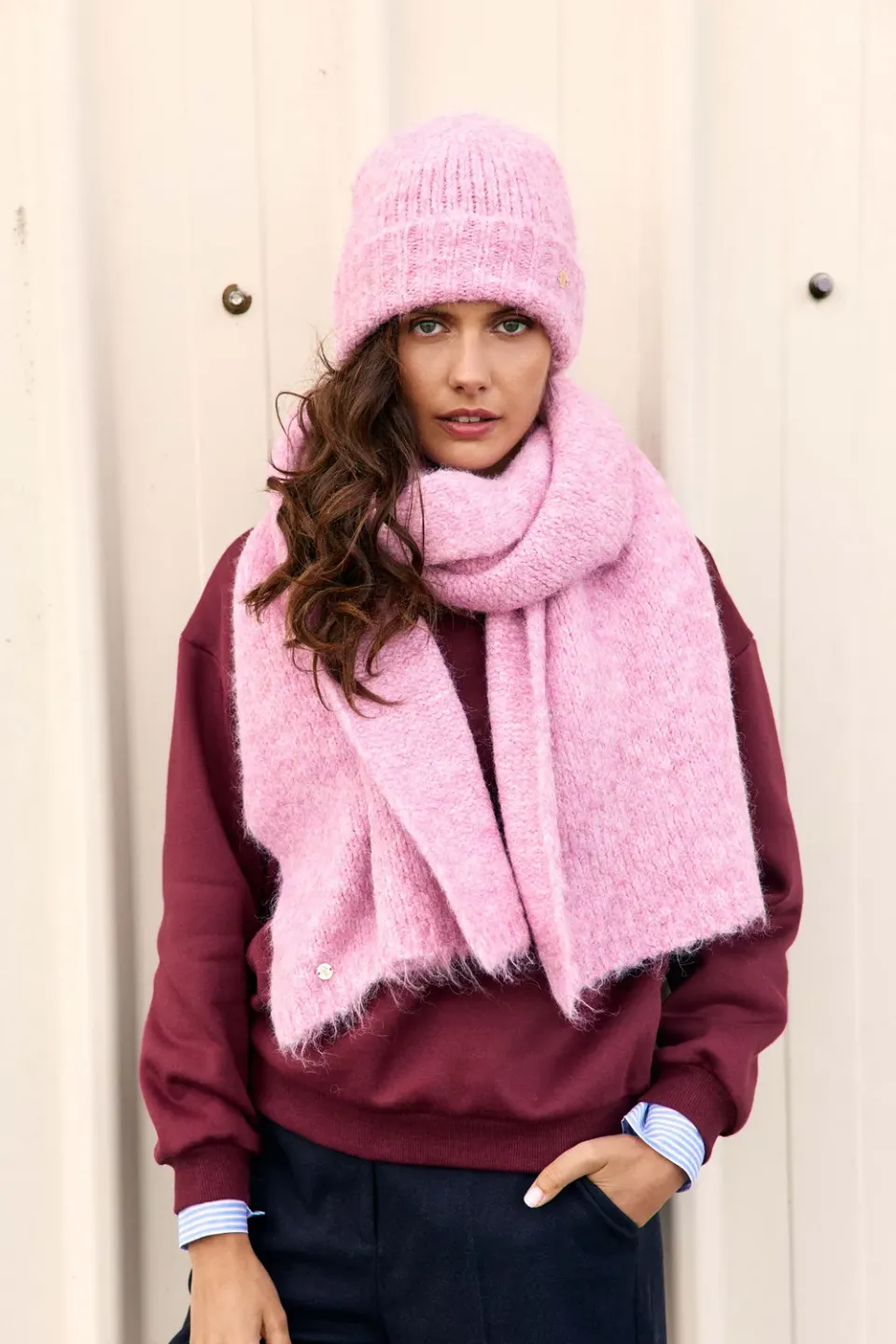 La Petite Etoile Avel gebreide muts roze met omslag