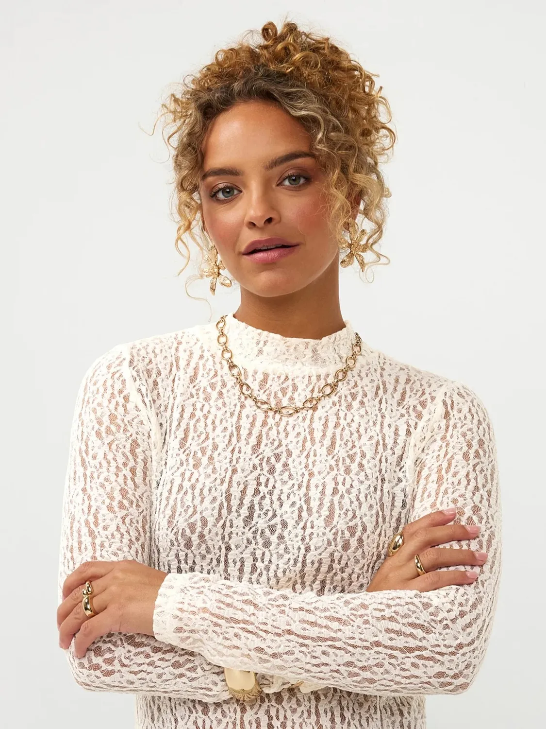 Amiek Roberta top kant ecru lange mouw S-XL
