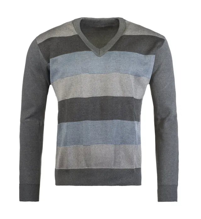Seniorenkleding heren trui V-hals banen katoenmix