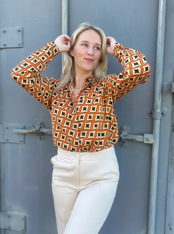 LOVEDRUNKY Blouse Retro blouse oranje retroprint