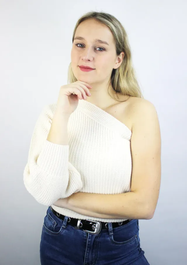 LOVEDRUNKY One Shoulder Knit Top Beige 3/4 mouw