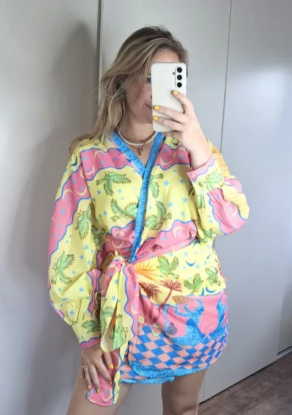 LOVEDRUNKY Tropic wikkeljurk geel print