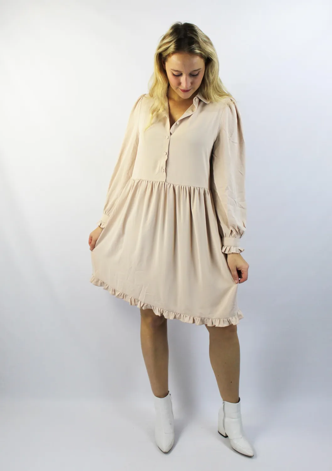 LOVEDRUNKY Shirt Jurk beige met zakken