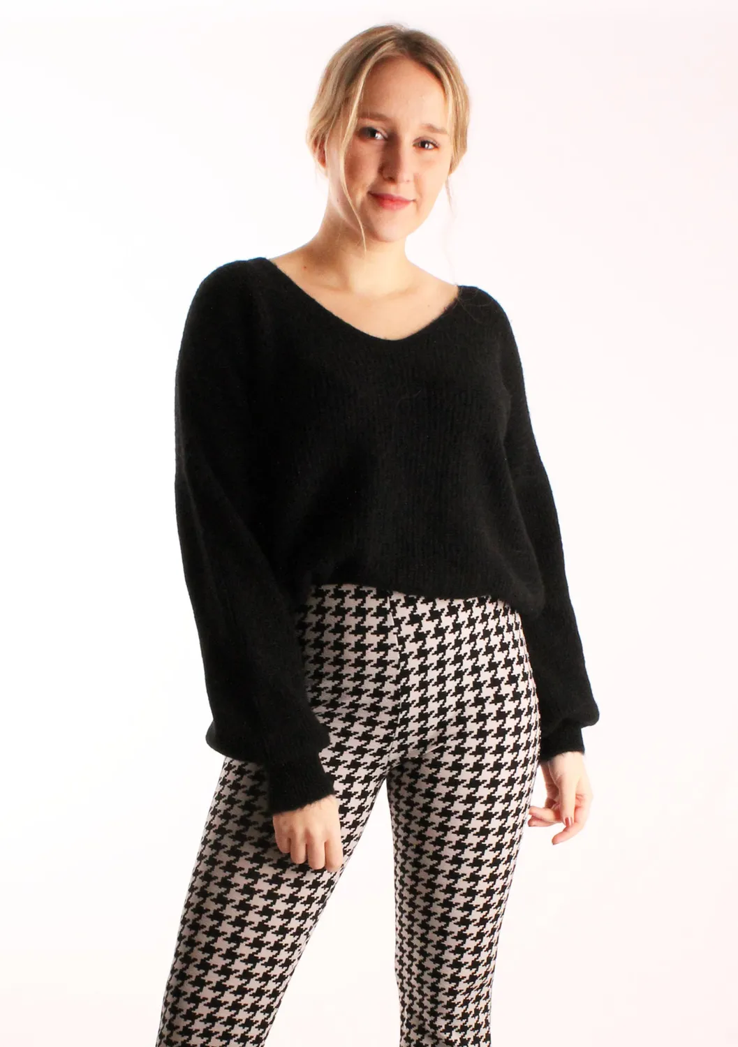 LOVEDRUNKY Flared Pied-de-poule Broek Zwart Grijs
