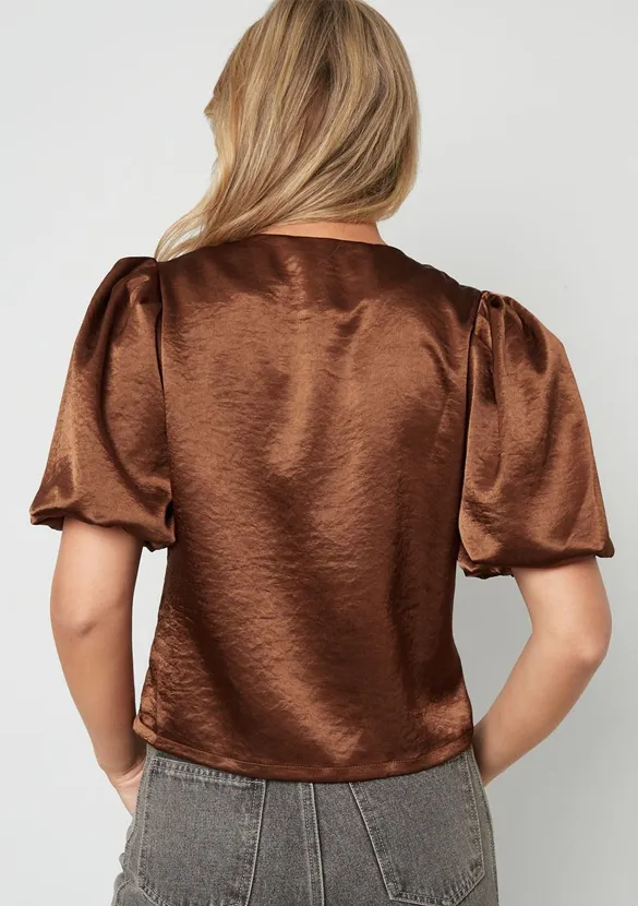 LOVEDRUNKY Top Satin Pofmouw top bruin satijn