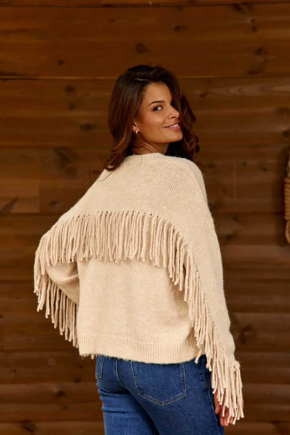 La Petite Etoile Moon trui beige V-hals franjes
