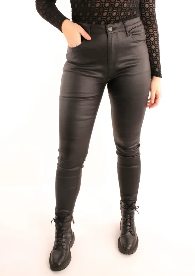 LOVEDRUNKY Skinny Coated zwarte broek hoge taille