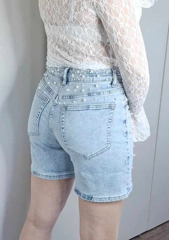 LOVEDRUNKY Parels short blauwe denim hoge taille