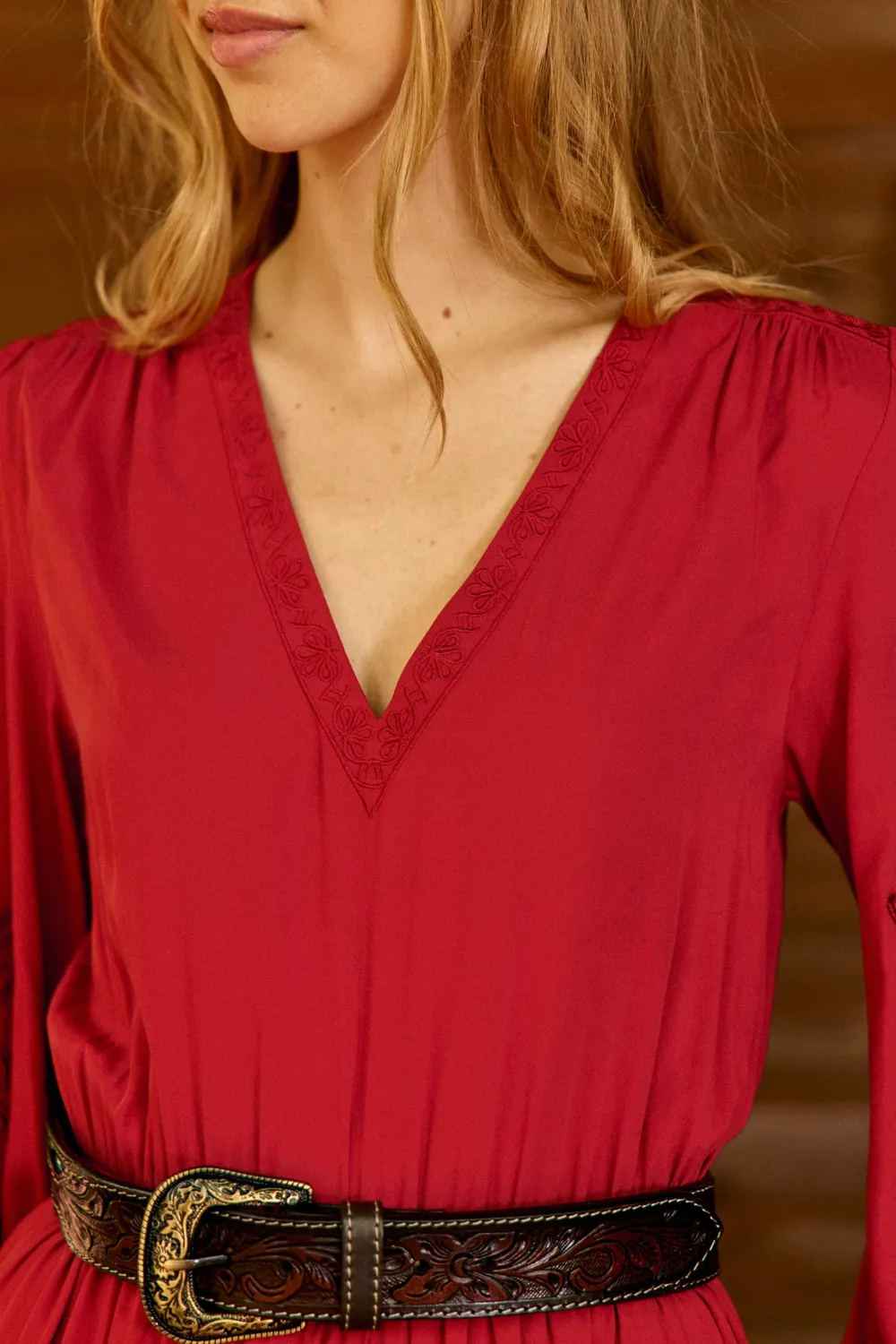 La Petite Etoile Relyne maxi jurk baksteenrood borduursel