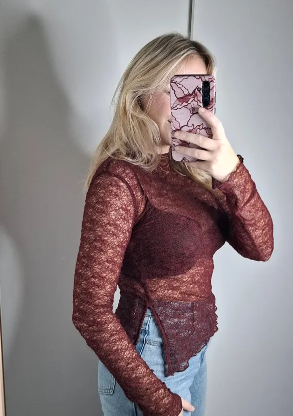 LOVEDRUNKY Mesh Top Kant top bordeaux doorschijnend