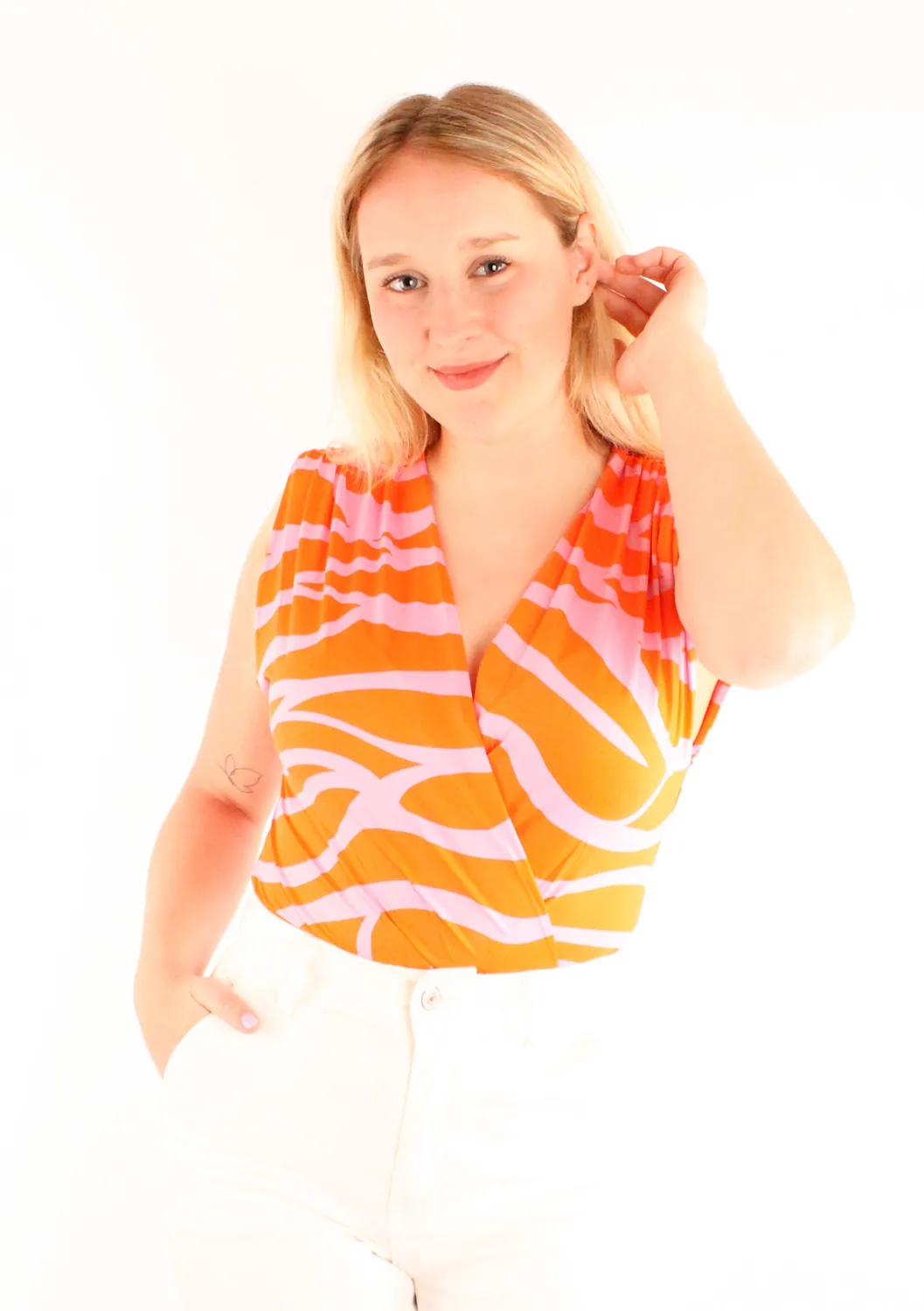 LOVEDRUNKY Body Print Colourblock body oranje roze V-hals