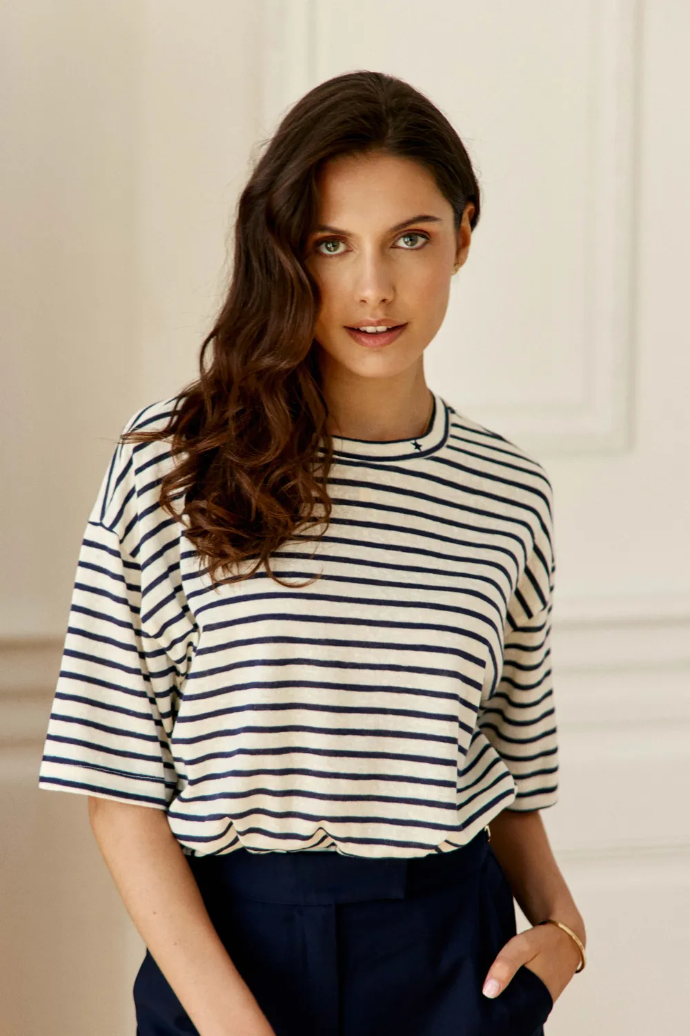 La Petite Etoile Tais oversize T-shirt ecru marine streep