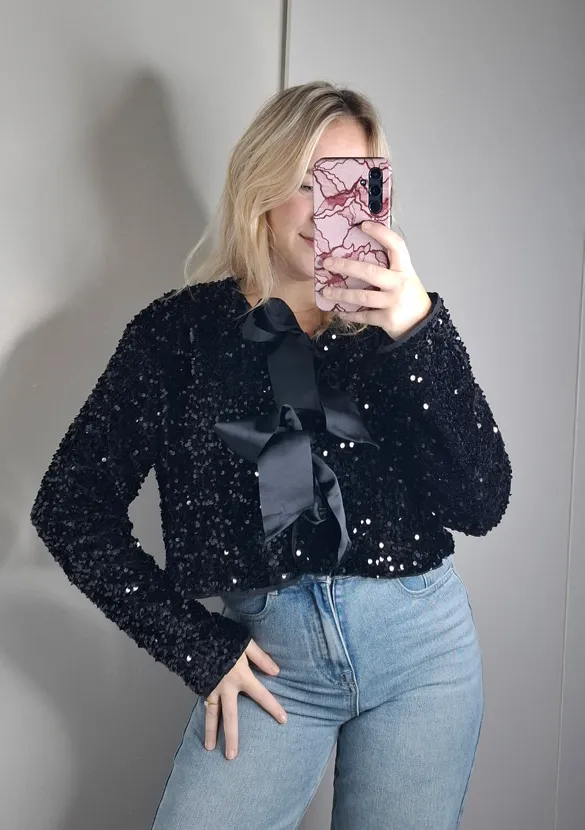 LOVEDRUNKY Strikjes Glitter top zwart gevoerd