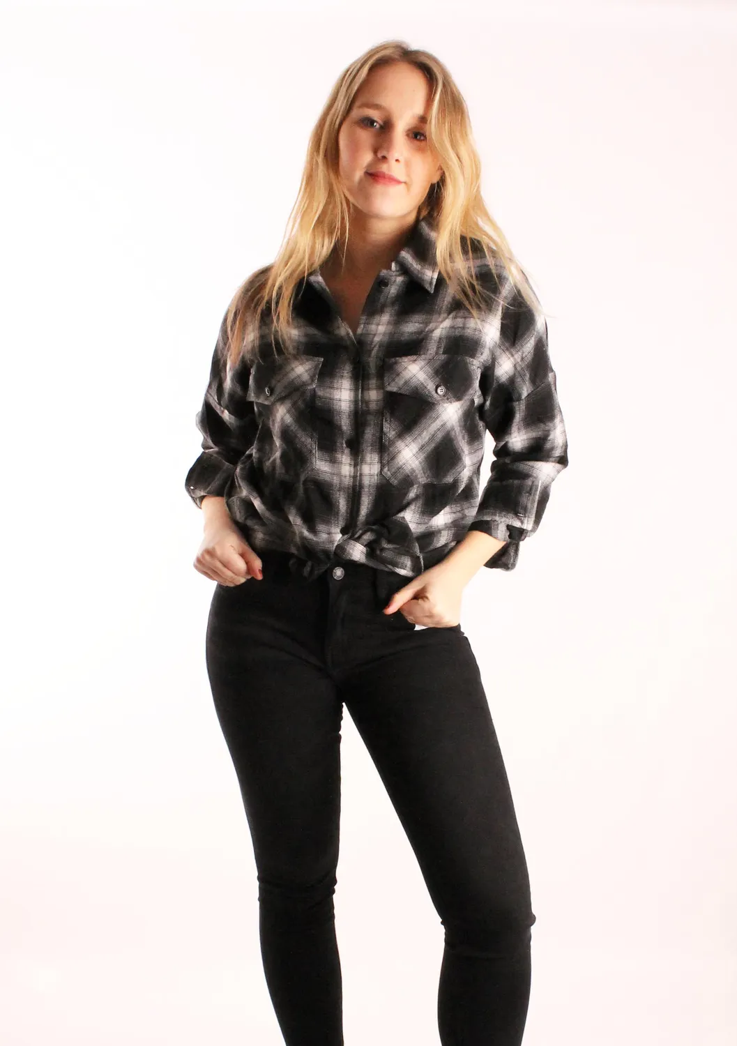 LOVEDRUNKY Blouse Geruit blouse zwart ruit borstzakken