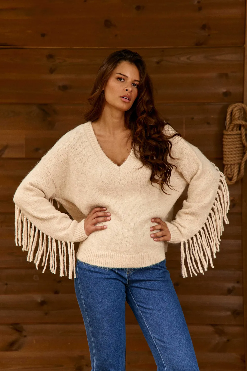 La Petite Etoile Moon trui beige V-hals franjes