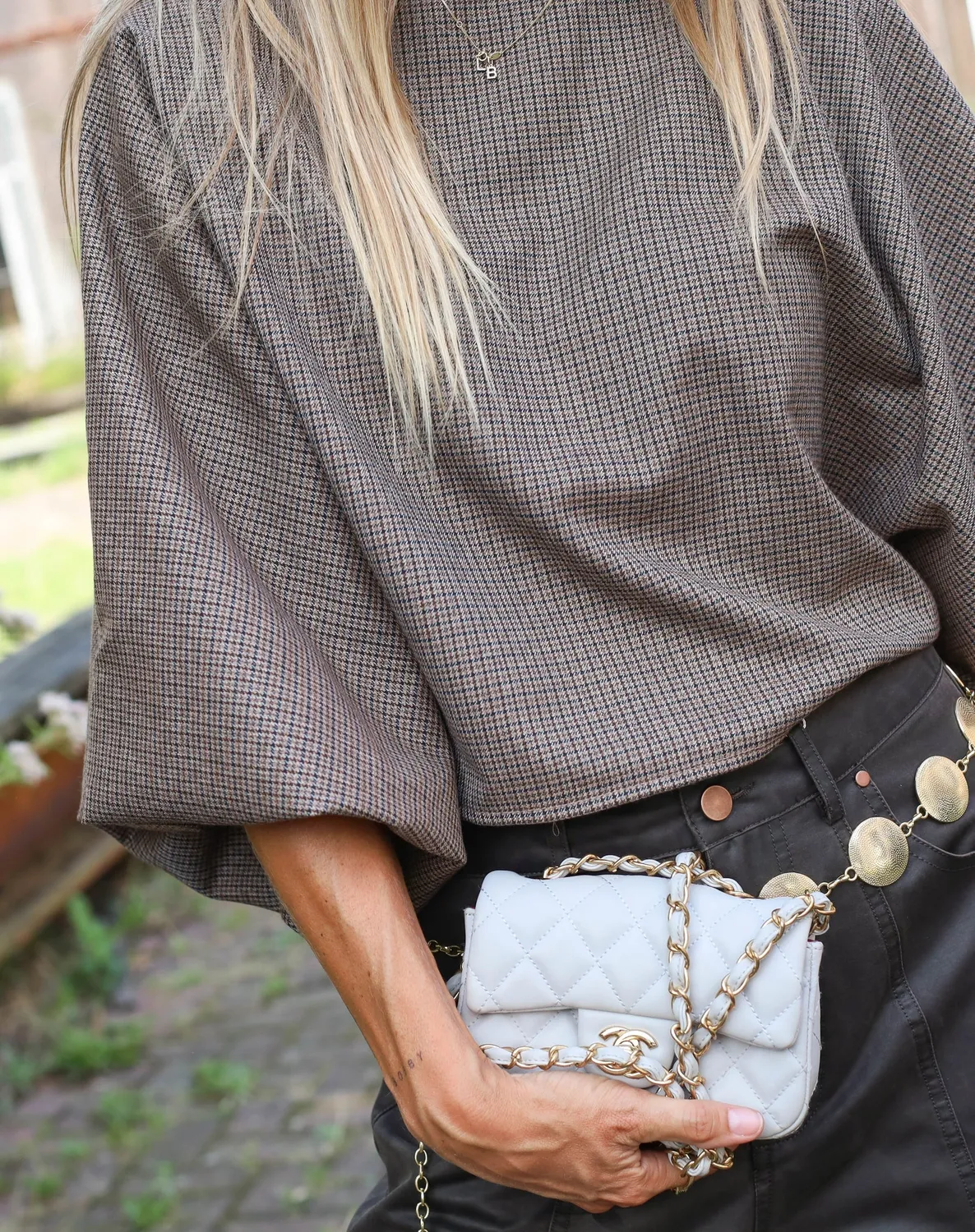 Amiek Ceder Checked top beige melange ruit