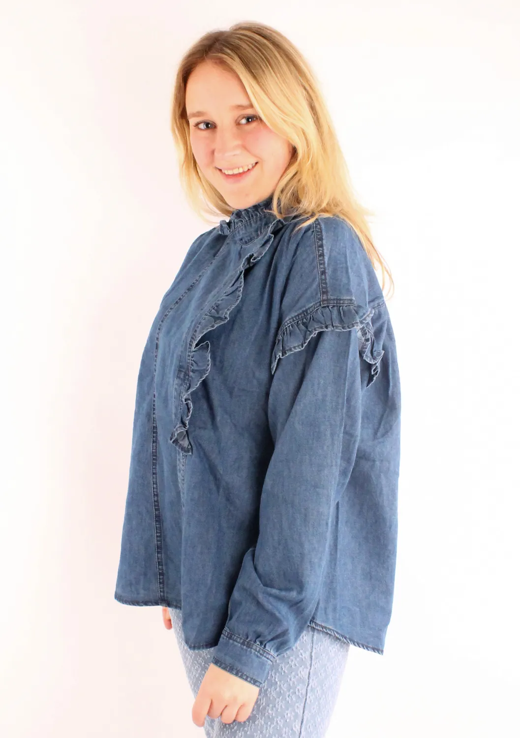 LOVEDRUNKY Spijkerblouse donkerblauw denim met ruches