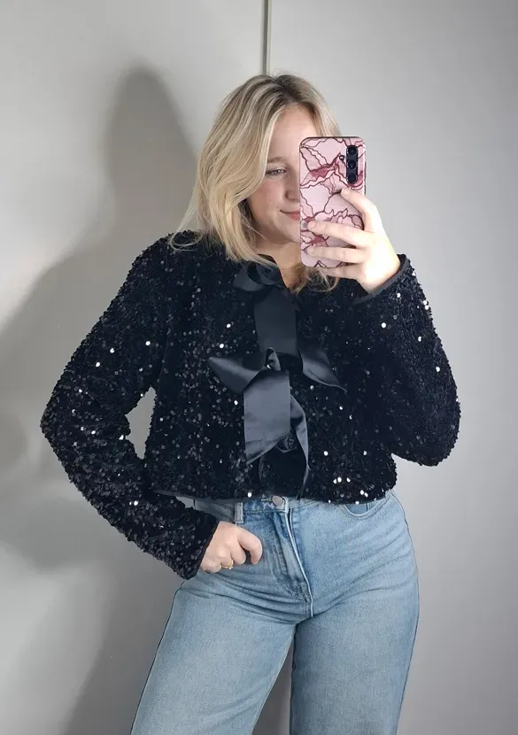 LOVEDRUNKY Strikjes Glitter top zwart gevoerd