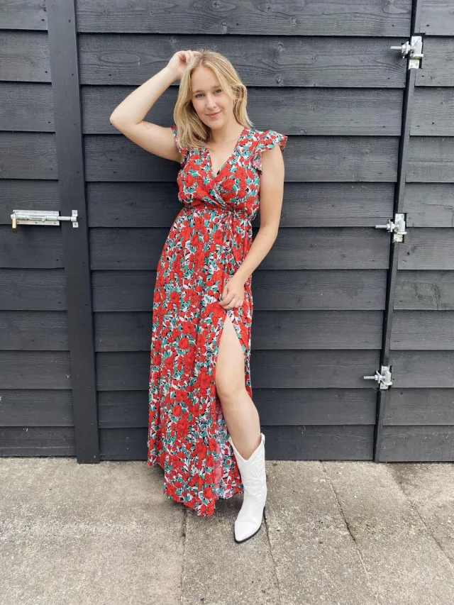 LOVEDRUNKY Bloemen maxi jurk rood V-hals split ceintuur